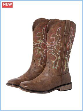 Wide Calf Cowboy Boots Square Toe Embroidered Mid Calf Pull On Low Heel